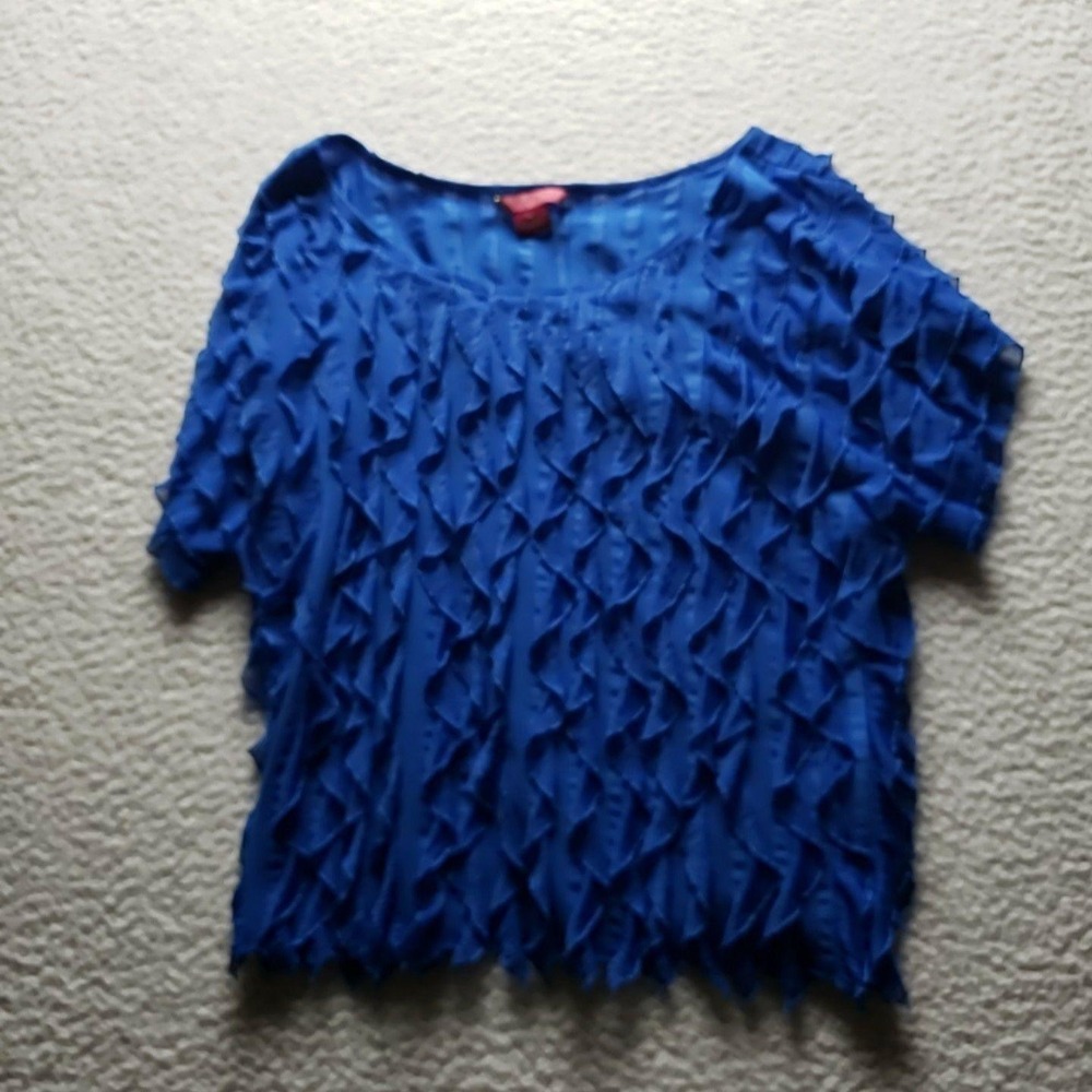 Sunny Leigh Blouse Womens PL Petite Blue Scoop Neck Short Sleeve Ruffle Top